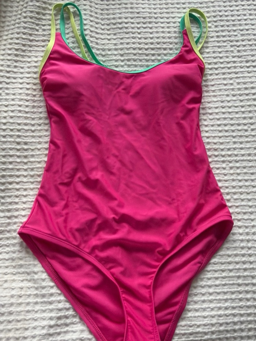 No Boundaries Pink One-Piece Swimsuit with Green and Yellow Straps